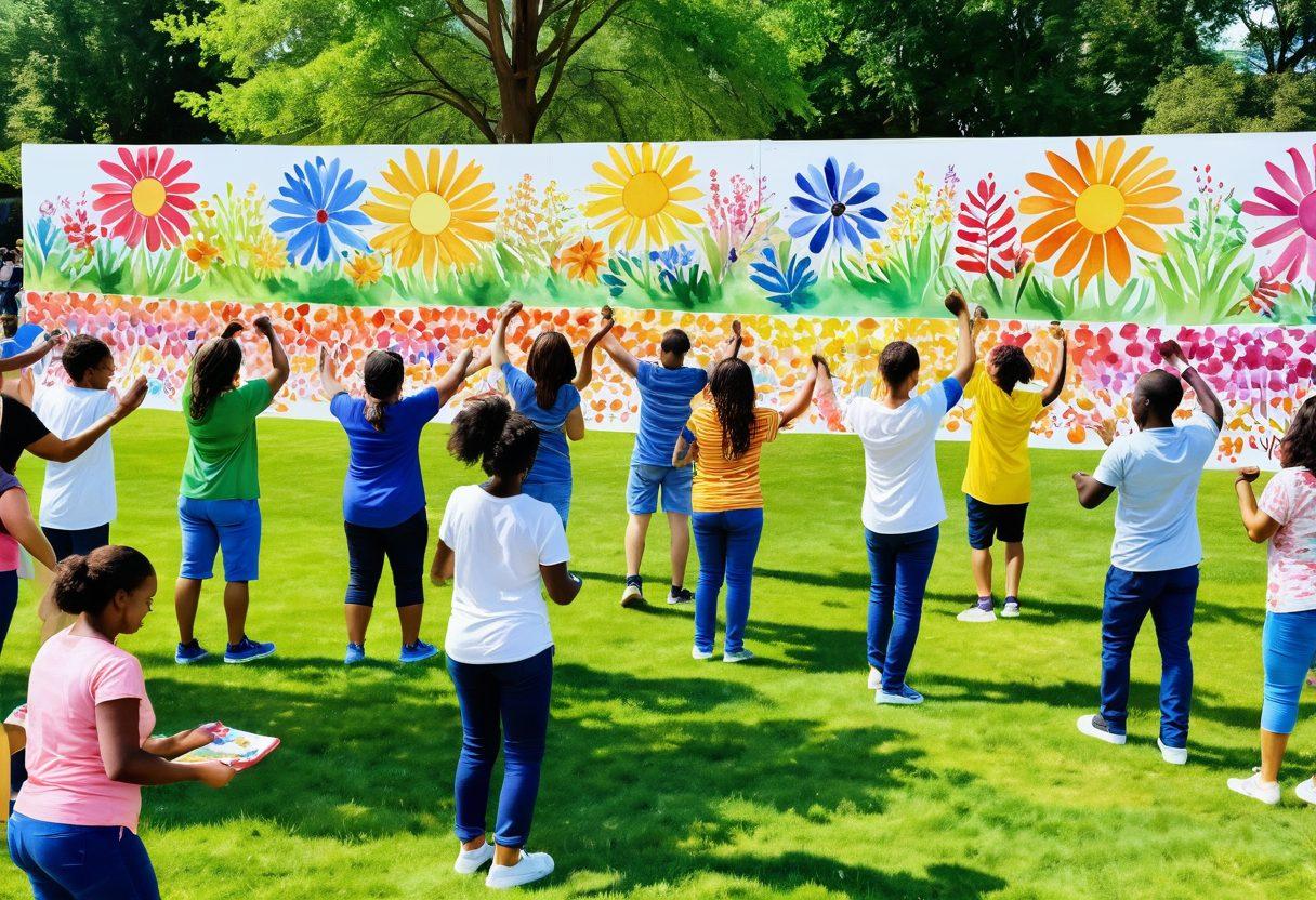 A vibrant community gathering in a sunny park, featuring diverse people engaging in joyful activities like painting, dancing, and sharing laughter. Colorful banners with inspirational quotes flutter in the breeze, while a group collaborates on a large mural symbolizing unity and happiness. Bright flowers and green grass create a cheerful ambiance, evoking a sense of togetherness and positivity. watercolor style. vibrant colors. cheerful atmosphere.