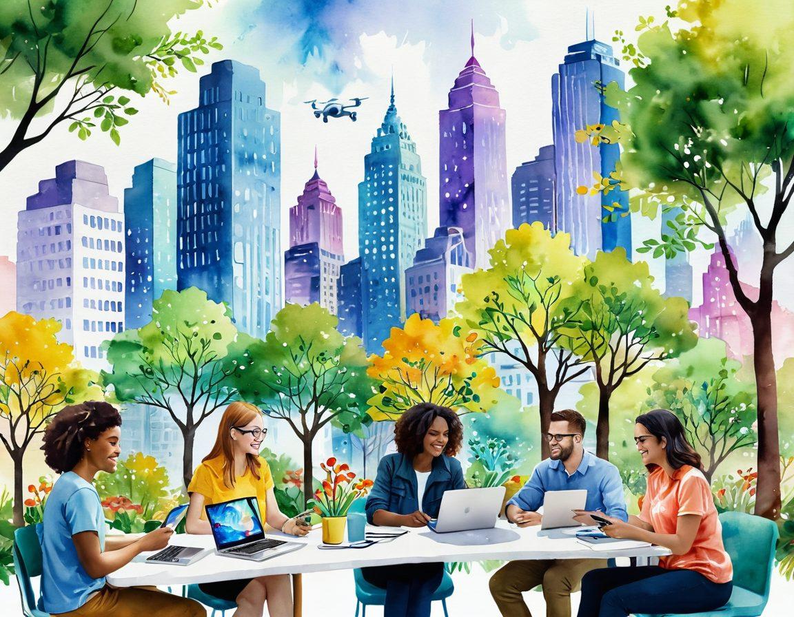 A vibrant cityscape filled with diverse people connecting through digital devices, smiling and engaging in lively discussions. Incorporate elements of nature like trees and flowers to symbolize growth, alongside futuristic technology like holograms and drones sharing information. The scene should radiate positivity and collaboration, showcasing innovation in a cheerful atmosphere. watercolor style. bright colors. upbeat energy.