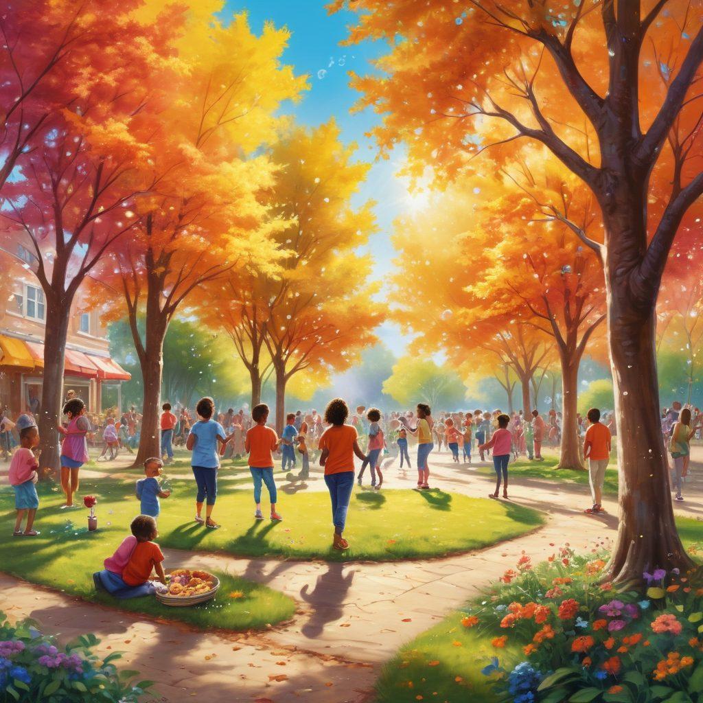A vibrant community gathering in a park featuring diverse groups of people engaging in joyful activities, such as painting, dancing, and sharing food. Colorful decorations hang in the trees, and children play with bubbles. Sunlight filters through the leaves, creating a warm and inviting atmosphere. Artistic representations of community values like kindness and creativity are visible in the background. bright colors. super-realistic. warm tones.